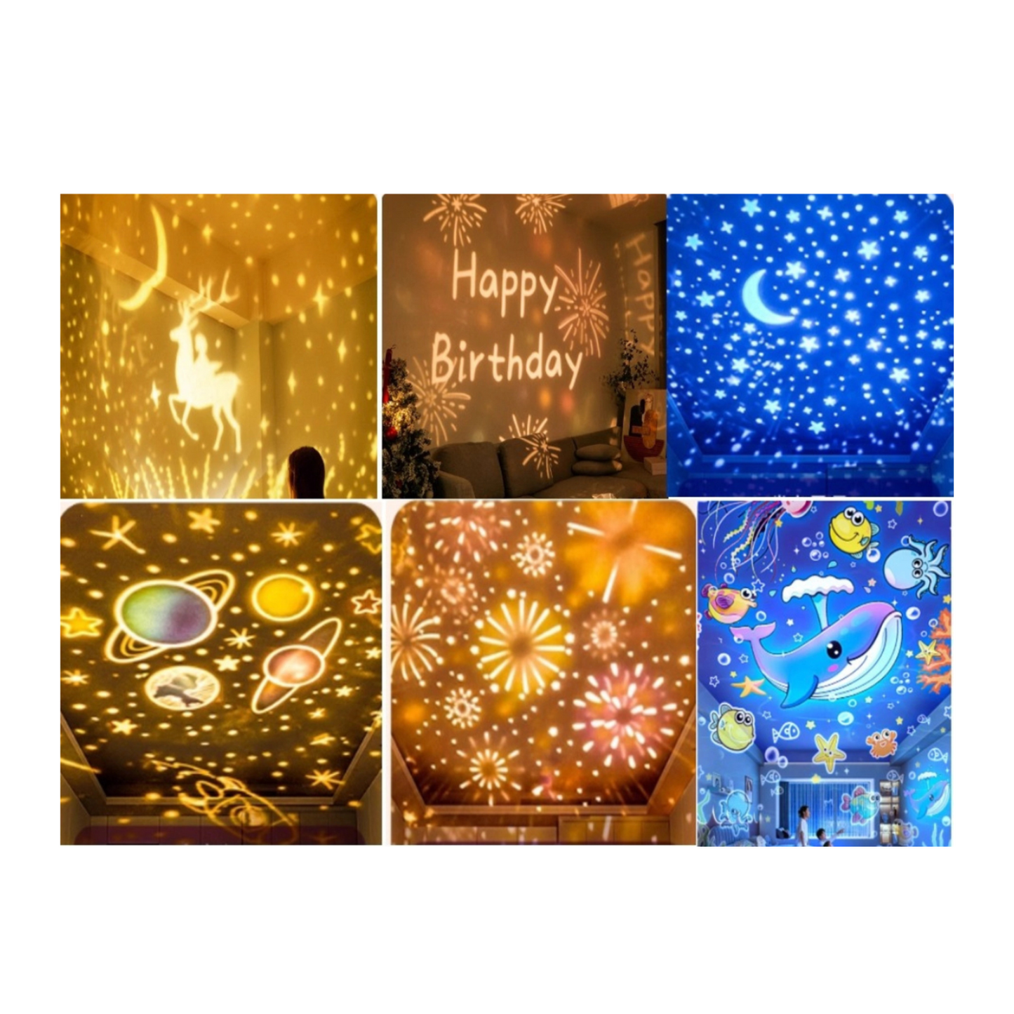 Rotating Projector Lamp with Music, 6 & 12 Theme Projections, 5 Soothing Sleep Melodies, Color-Changing Lights, Portable & Rechargeable Night Light for Kids & Adults
