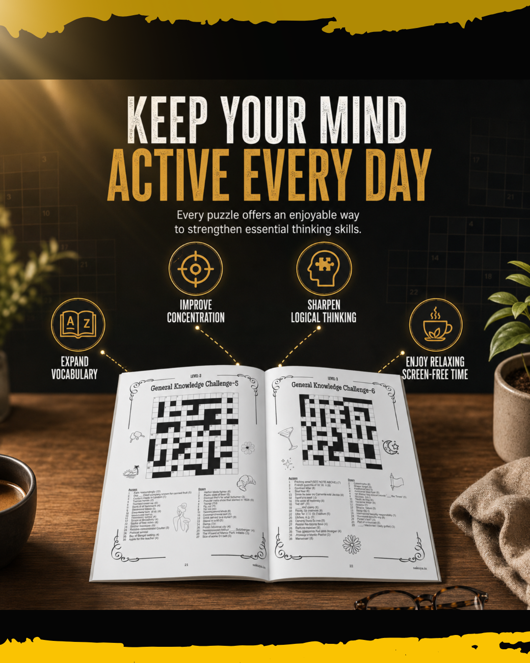 Sakuya Crossword Puzzle Books for Adults | 22 Puzzles | Brain Games