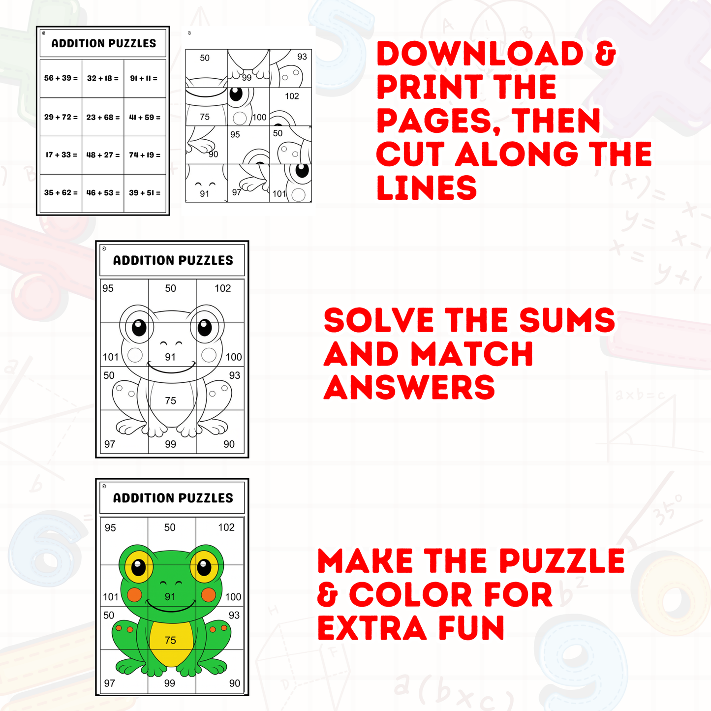 Addition Puzzle Activity Book | Math Workbook for Kids | Fun Math Practice Sheets | Homeschool Math Worksheet and Math Puzzle Games