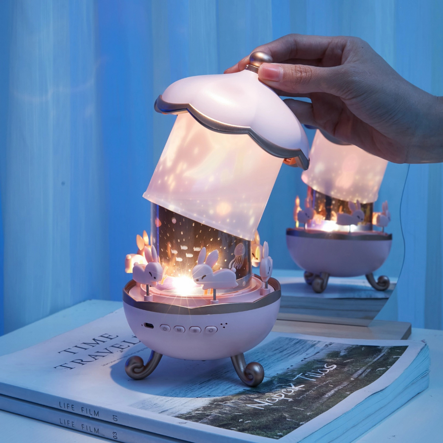 Rotating Projector Lamp with Music, 6 & 12 Theme Projections, 5 Soothing Sleep Melodies, Color-Changing Lights, Portable & Rechargeable Night Light for Kids & Adults