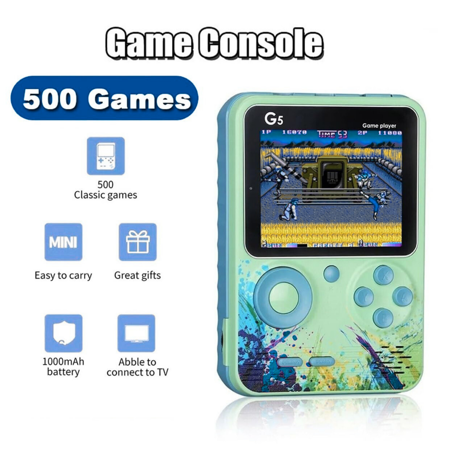 500 in 1 Handheld Gaming Console with 3 Hours Battery Backup, AV Output for TV, Backlit Screen, Built-in Retro Games, Rechargeable, Portable Design for All Ages