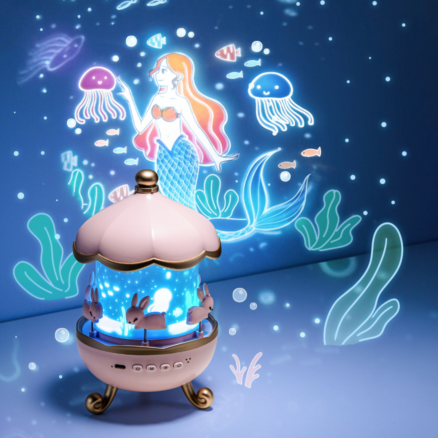 Rotating Projector Lamp with Music, 6 & 12 Theme Projections, 5 Soothing Sleep Melodies, Color-Changing Lights, Portable & Rechargeable Night Light for Kids & Adults