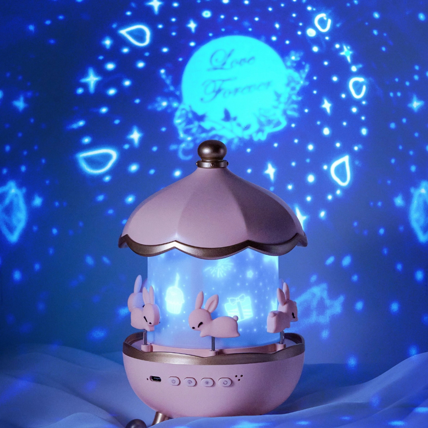 Rotating Projector Lamp with Music, 6 & 12 Theme Projections, 5 Soothing Sleep Melodies, Color-Changing Lights, Portable & Rechargeable Night Light for Kids & Adults