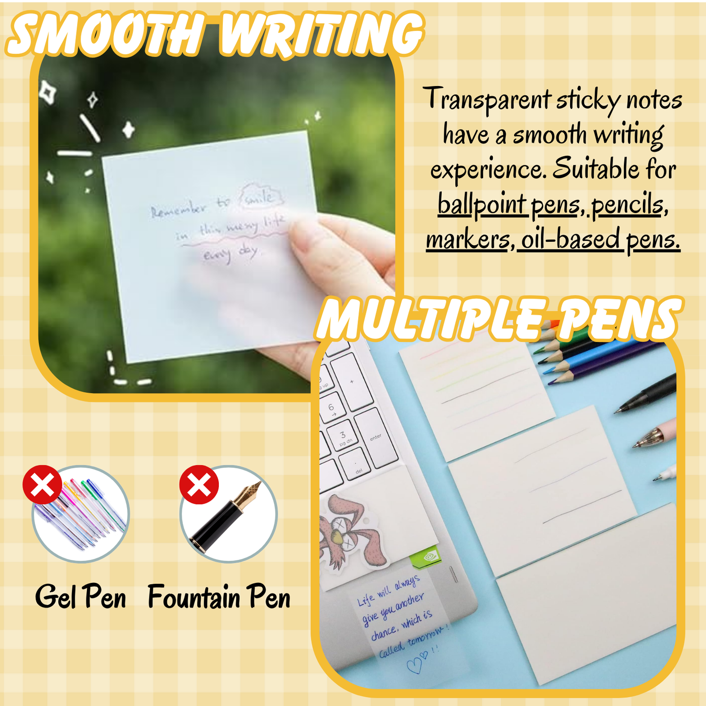 Transparent Cute Self-Sticky Note Pads - 100 Sheets | Removable Clear Notes | Perfect for Writing, to-do List, Reminders, School, Study, Office | Self-Adhesive Stationery Items (7 cm x 9.5 cm)