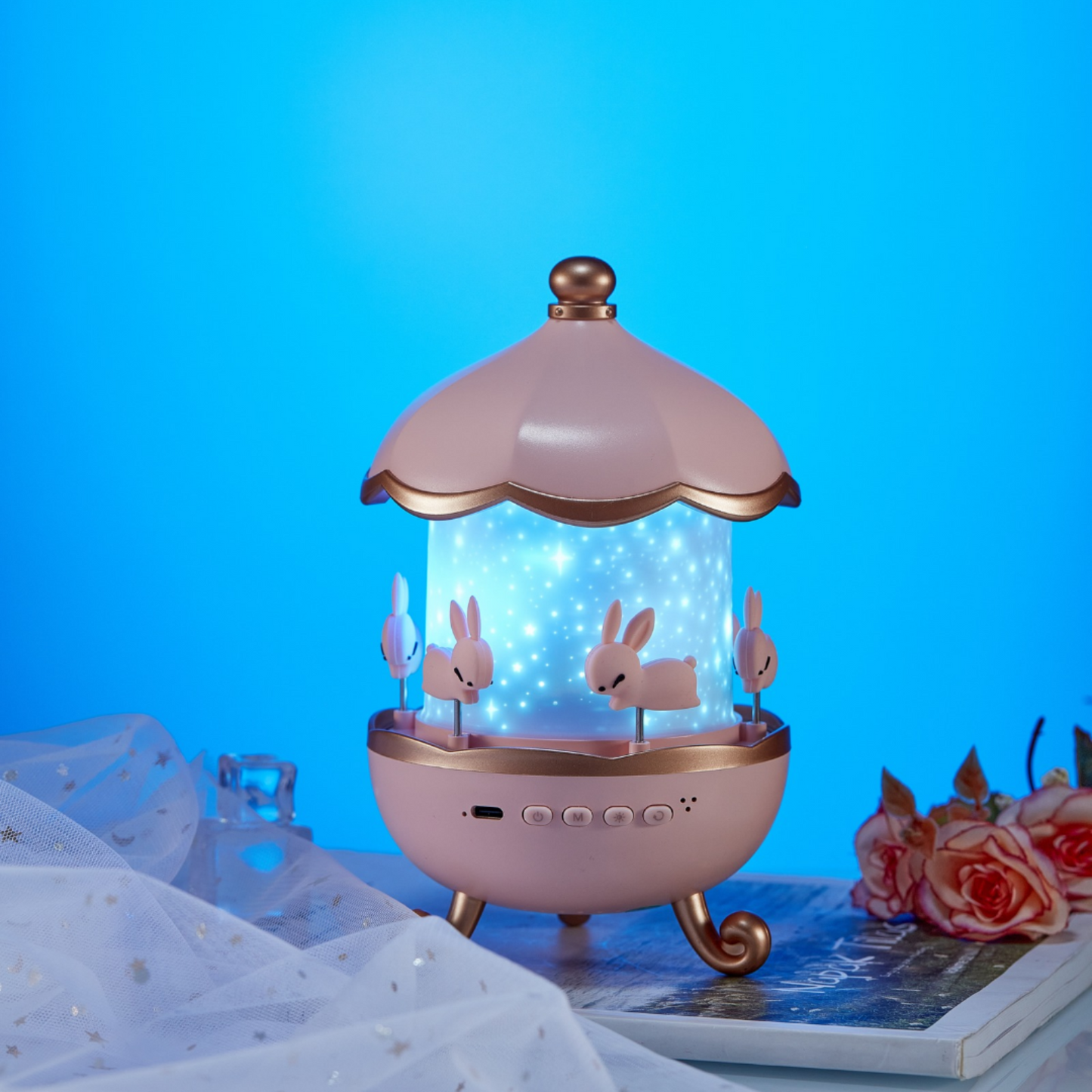 Rotating Projector Lamp with Music, 6 & 12 Theme Projections, 5 Soothing Sleep Melodies, Color-Changing Lights, Portable & Rechargeable Night Light for Kids & Adults