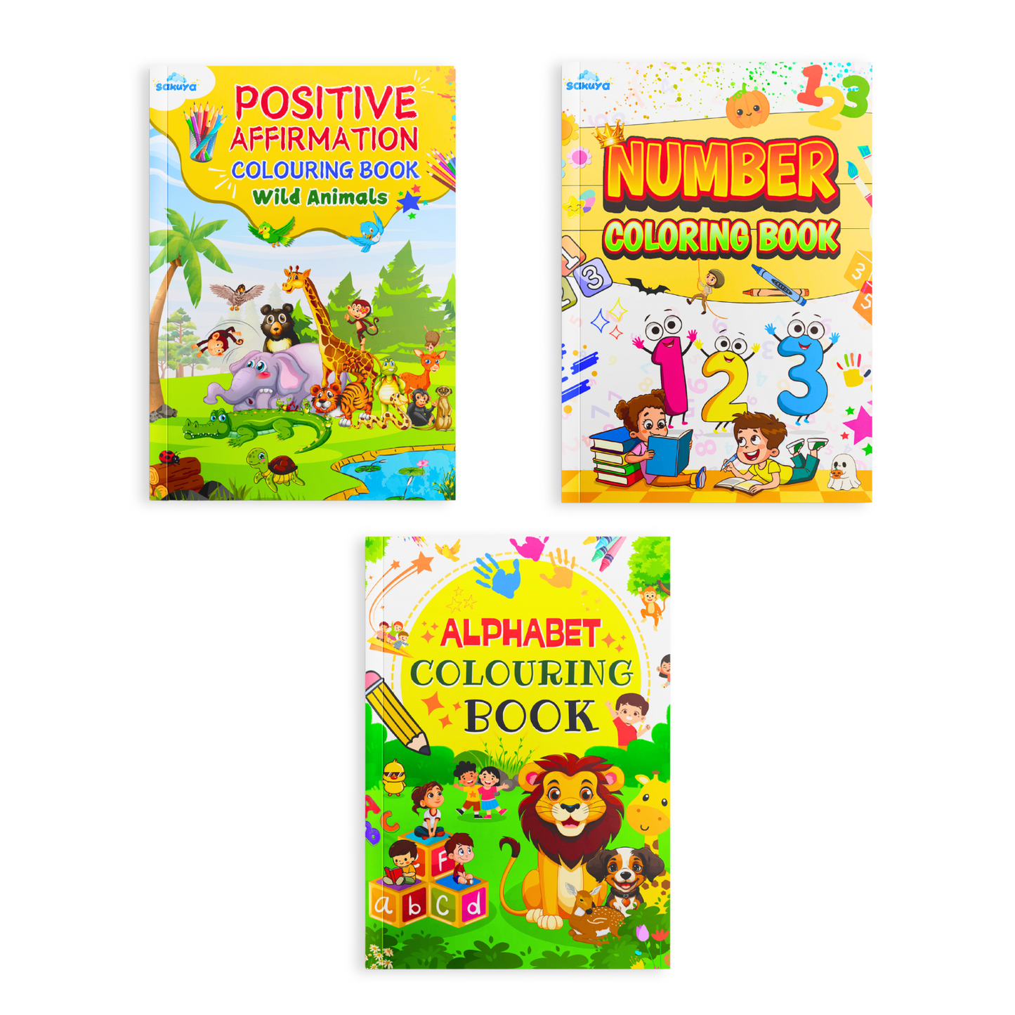 Sakuya Kids Colouring Book Set | Alphabet, Number & Animal Affirmation Colouring Books | Art and Activity Books for 3 to 12-Year-Olds | Kids Drawing Books & Colouring Kit