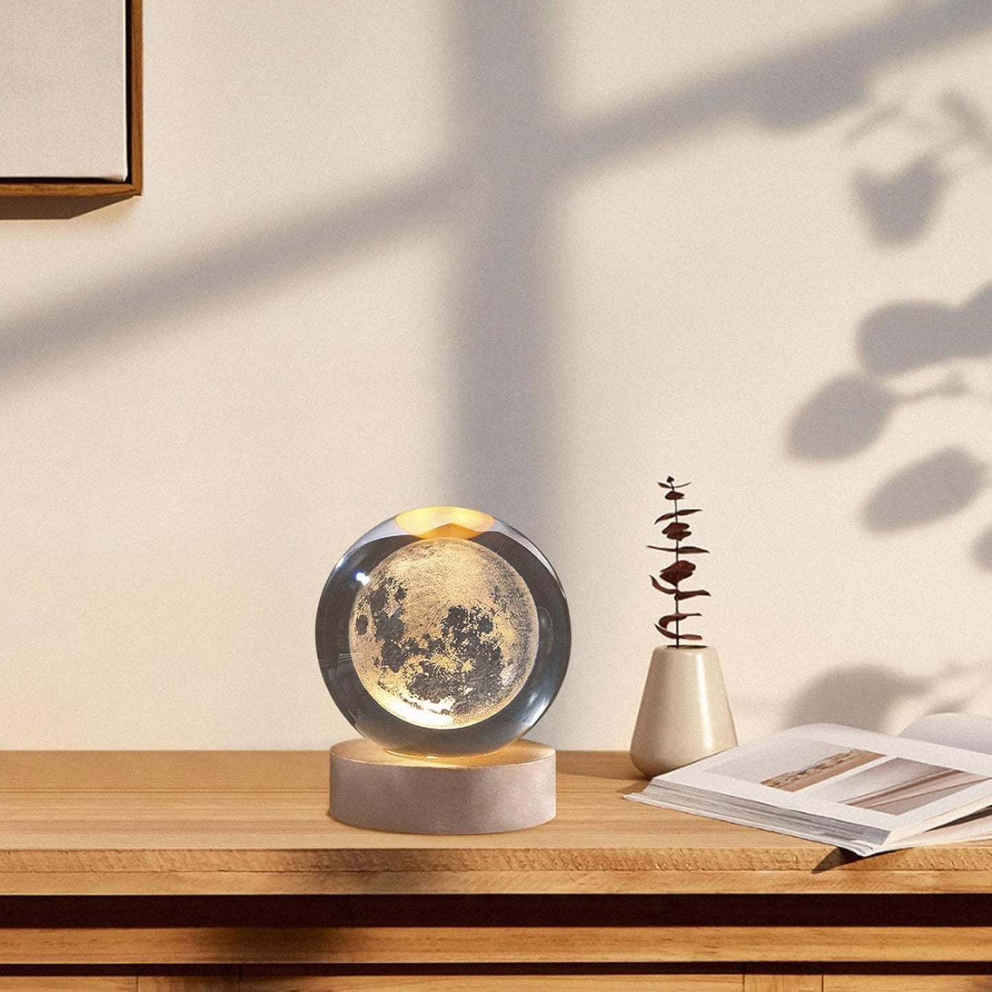 3D Crystal Moon Lamp with Wooden Base, Night Light Crystal Ball for Bedroom Decor, Cute Aesthetic Lamp, Perfect Gift Idea, Moon Lamp Crystal Ball Night Light for Kids & Adults