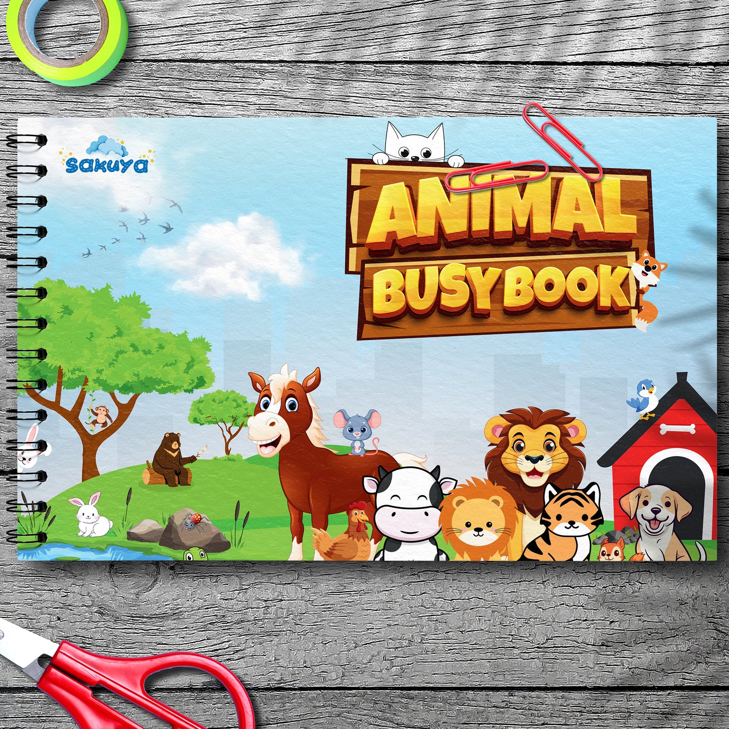 Sakuya Kids’ Animal Binder with 58 Velcro Attachments, Laminated Surface, Blund Edges for Safety, and Binder Ring Included