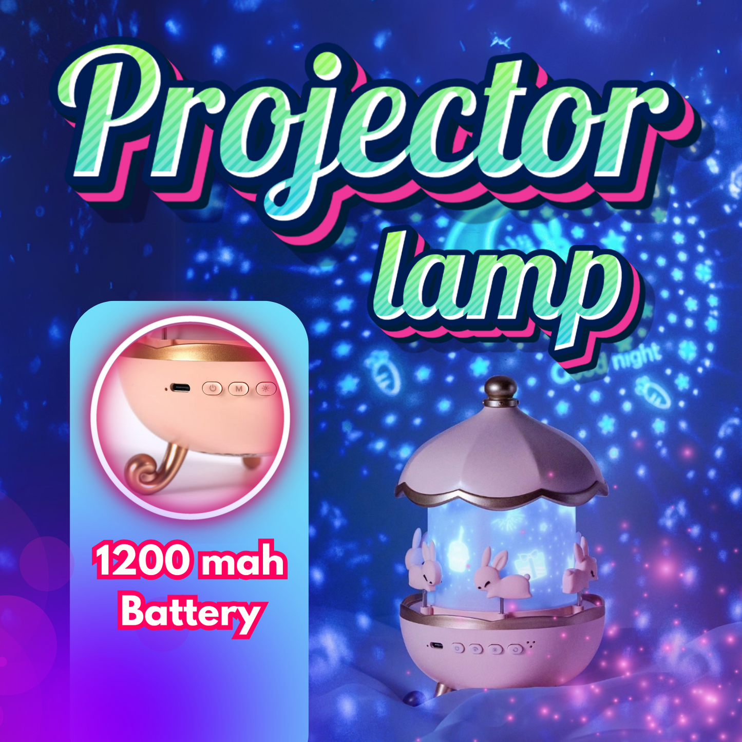 Rotating Projector Lamp with Music, 6 & 12 Theme Projections, 5 Soothing Sleep Melodies, Color-Changing Lights, Portable & Rechargeable Night Light for Kids & Adults
