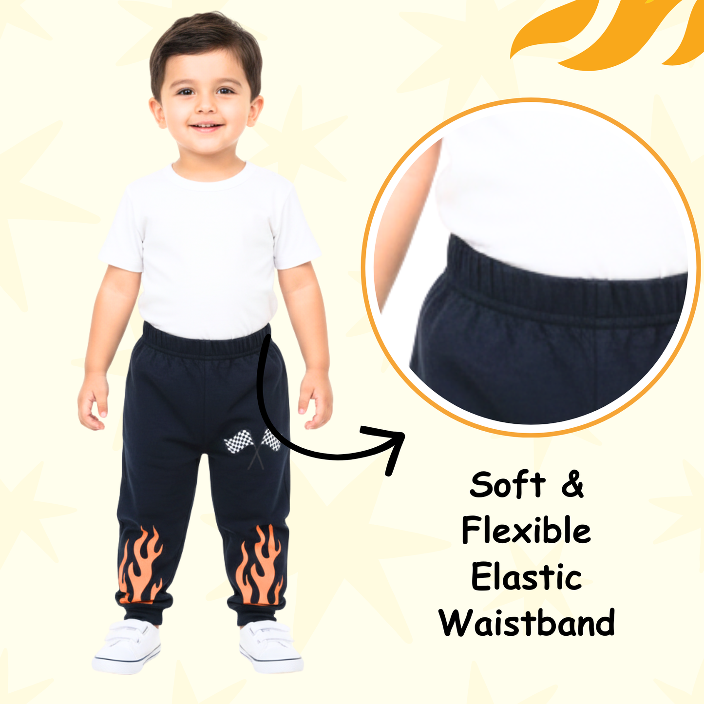 Sakuya Black joggers for boys, soft night pant, sporty track bottom suited to 1-5 years kids with racing design, comfy elastic waist full length wear, casual sleep trousers children will love