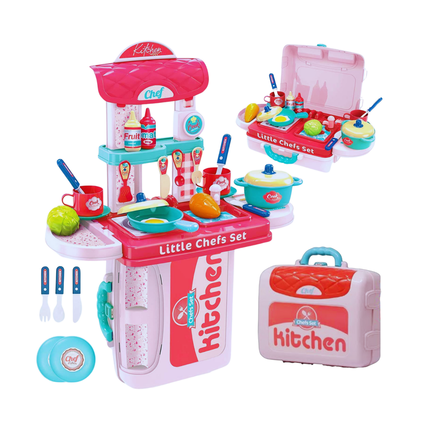 Sakuya 3 in 1 Kitchen Set Toy for Girls and Boys Kids with Suitcase Model (Pink) | Portable Pretend Little Chef Play Realistic Cooking Accessories Set Toy for Toddler Kids