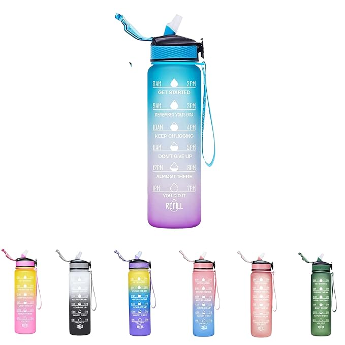 Sakuya Double Colored Drinking Water Bottle Motivational Leakproof with Timer Reminder Marks - Durable BPA free Unbreakable Gym Office School Outdoor Sipper Bottle - 1 litre - Sakuya