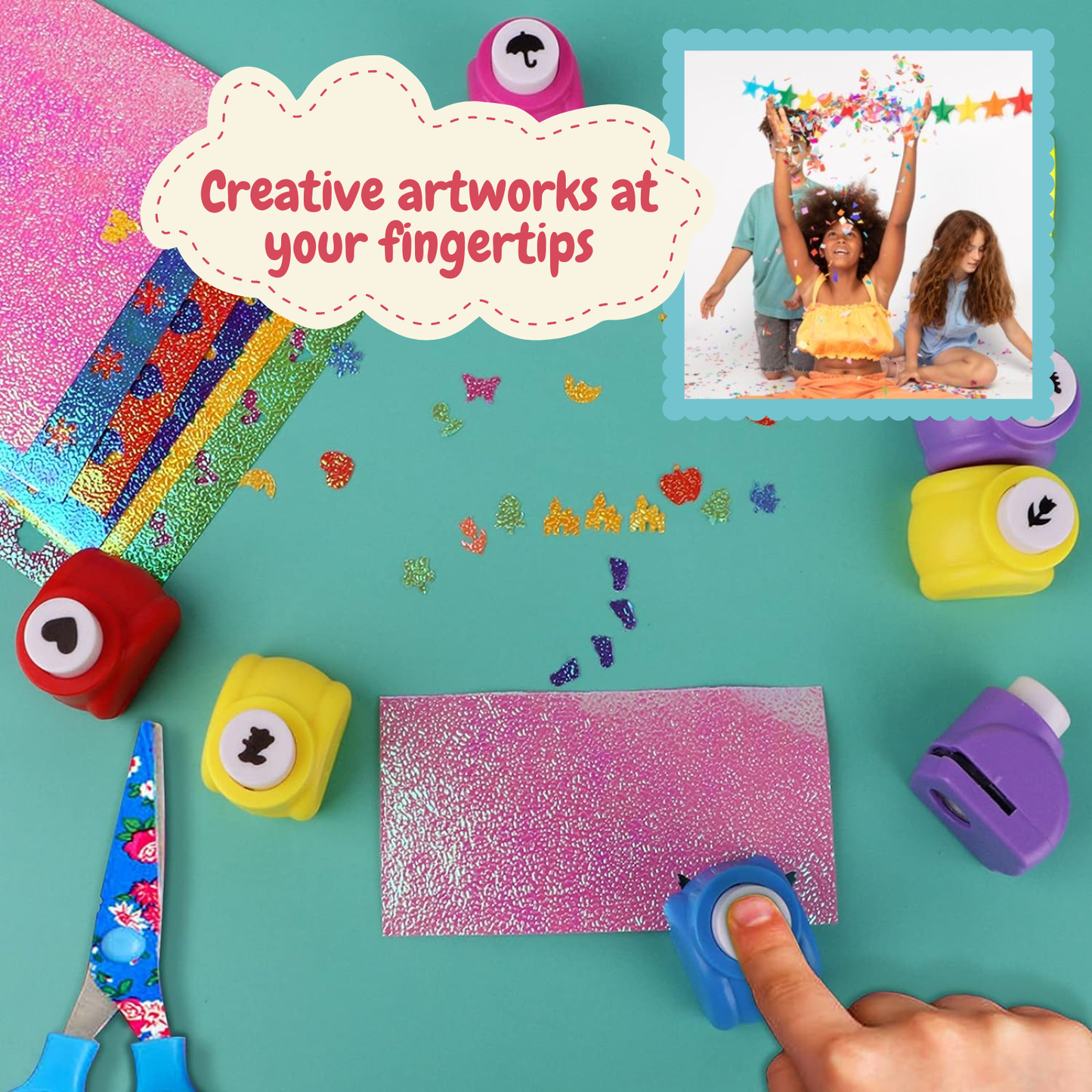 Sakuya Sticker Punching Machine for Art & Craft | Mini Paper Cutter Machine Kit | Cute Stationary Crafting Project Items | Shape Cutter for Craft | Multicolor, Assorted Designs (Pack of 6) - Sakuya