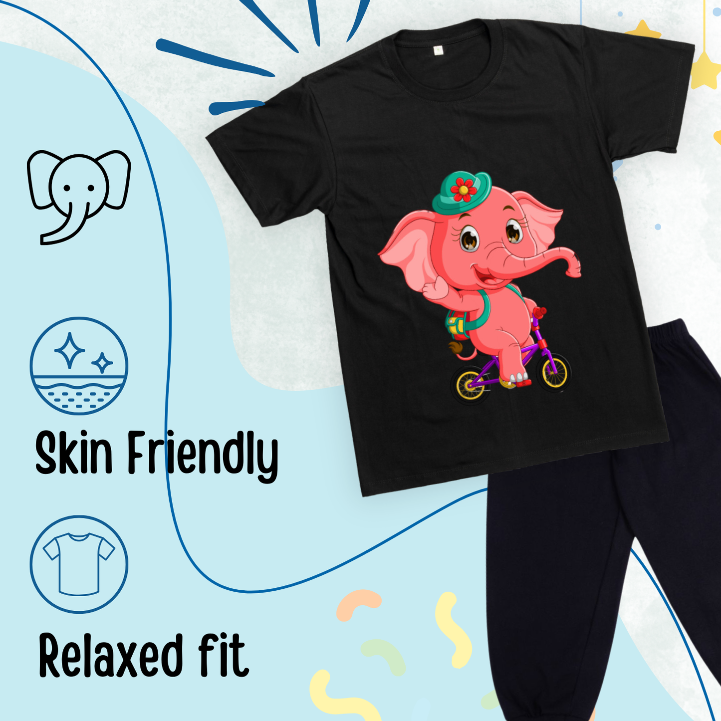 Sakuya Cute Elephant Print Breathable Cotton Half Sleeve Tshirt & Pant Clothing Set for Nightwear coord Set for Unisex Kids Boys Girls-Black - Sakuya