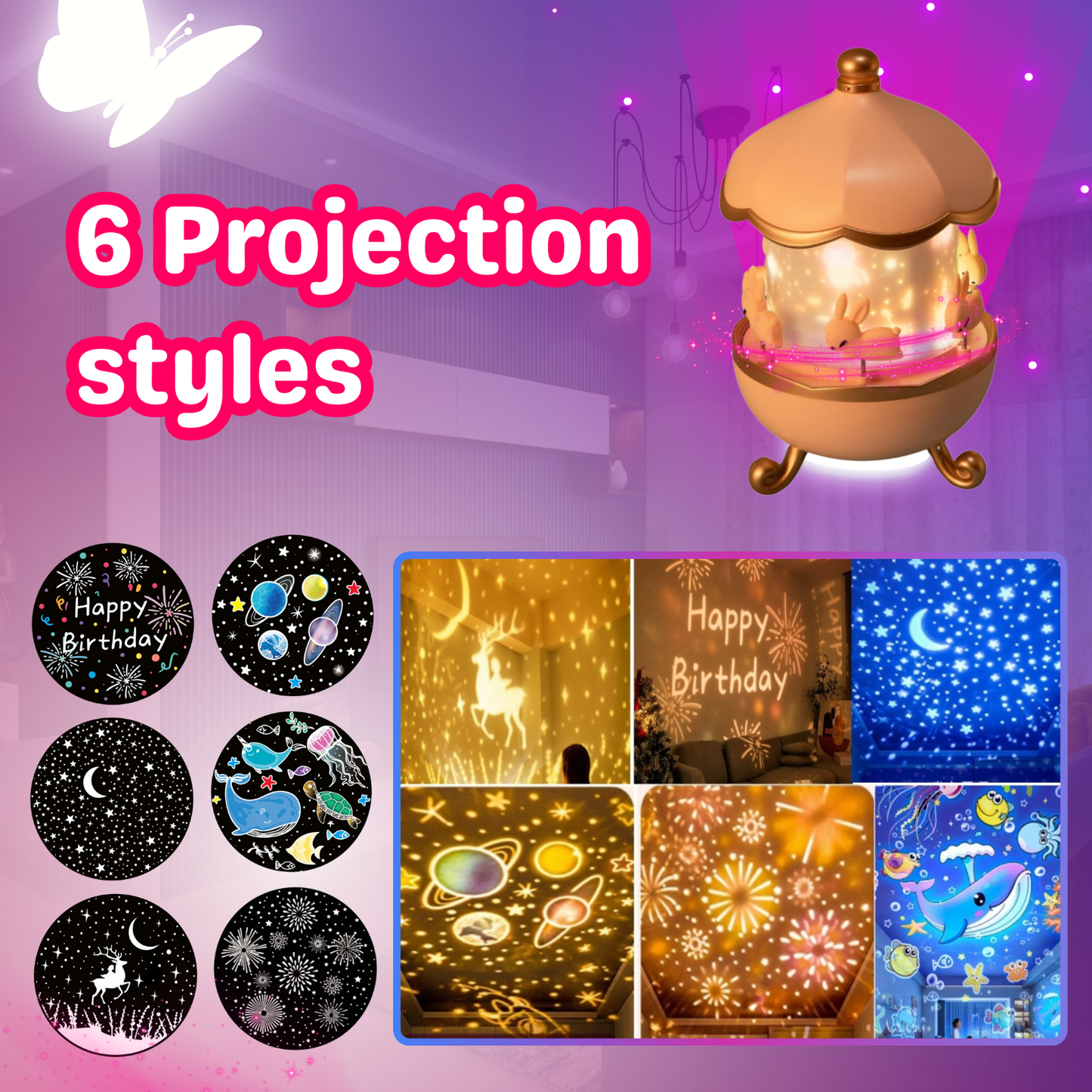 Rotating Projector Lamp with Music, 6 & 12 Theme Projections, 5 Soothing Sleep Melodies, Color-Changing Lights, Portable & Rechargeable Night Light for Kids & Adults