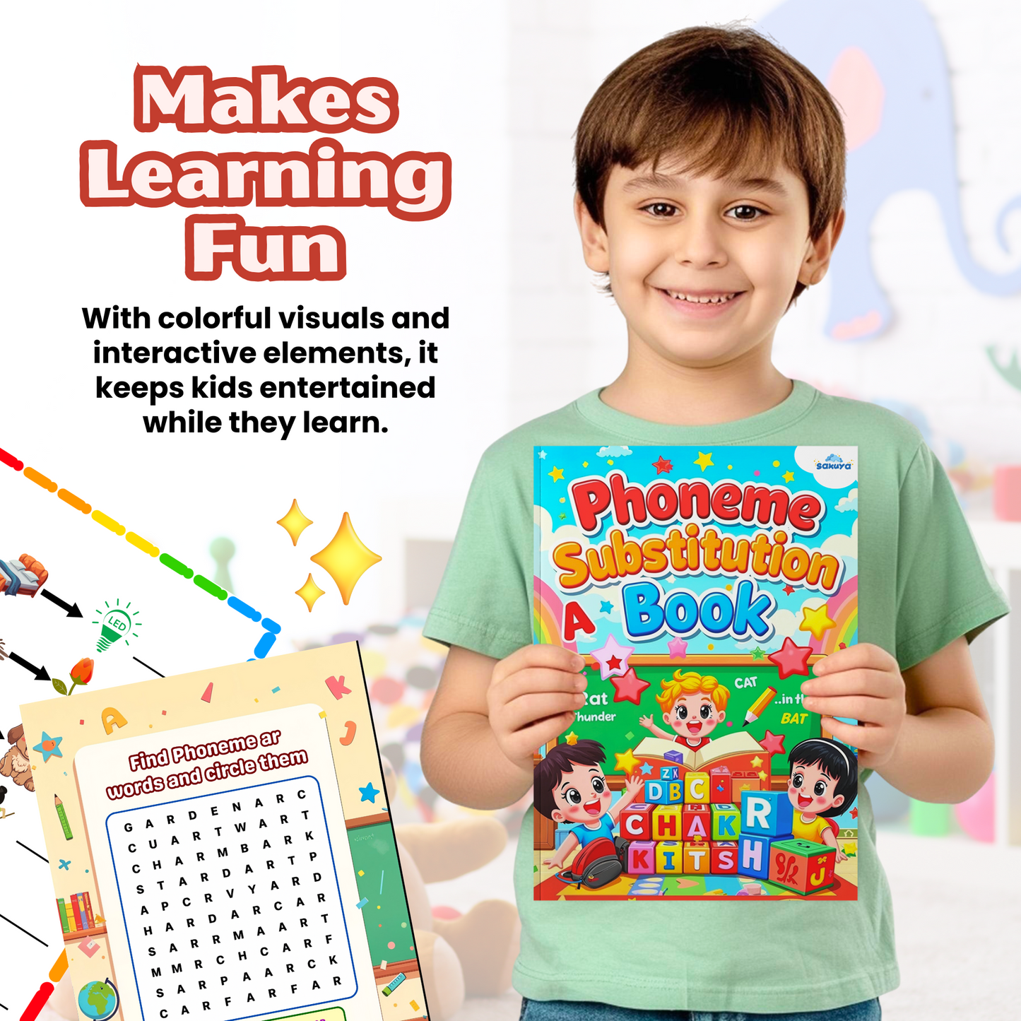 Sakuya Phoneme Substitution Book for Kids | Educational Book for kids | Fun Learning Activities with HD Print and Vibrant Colors to Improve Sound Recognition | Phonics Awareness, and Early Reading Fluency