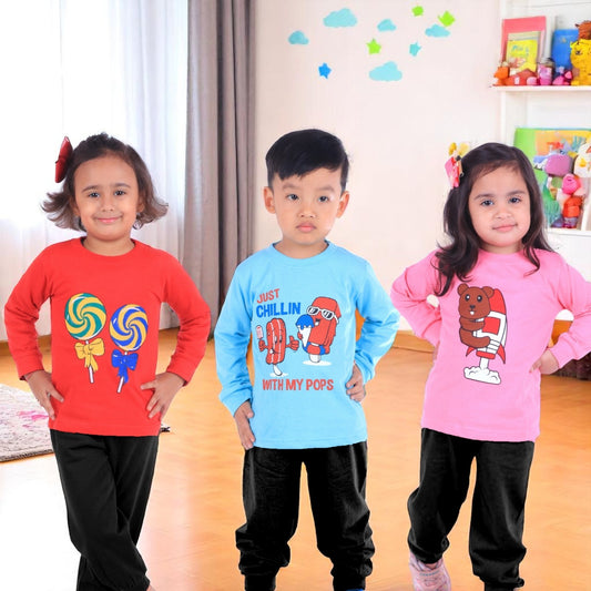 Sakuya Kids Clothing Set Night Suits Round Neck Full Sleeve T-Shirt & Pant Soft, Breathable 100% Cotton Sleepwear Baby Boys & Girls - Pajama Set | Unisex Kids Dress Sleepsuits Pack of 3, Multicolour