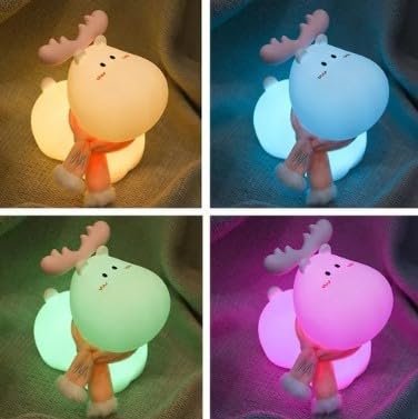 Sakuya Reindeer LED Night Lamp – Cute Silicone Bedside Light for Kids, Nursery & Bedroom Decor, Rechargeable Soft Light with Tap Control, Gift for Christmas & Birthday