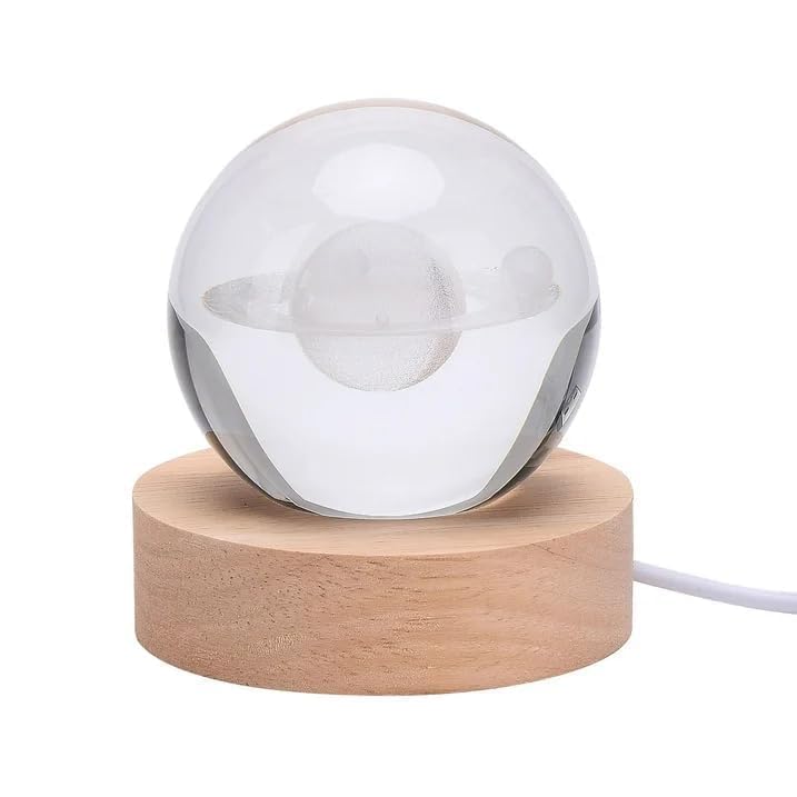 3D Crystal Saturn Lamp with Wooden Base, Night Light Crystal Ball for Bedroom Decor, Cute Aesthetic Lamp, Perfect Gift Idea, Saturn Lamp Crystal Ball Night Light for Kids & Adults | size 6cms