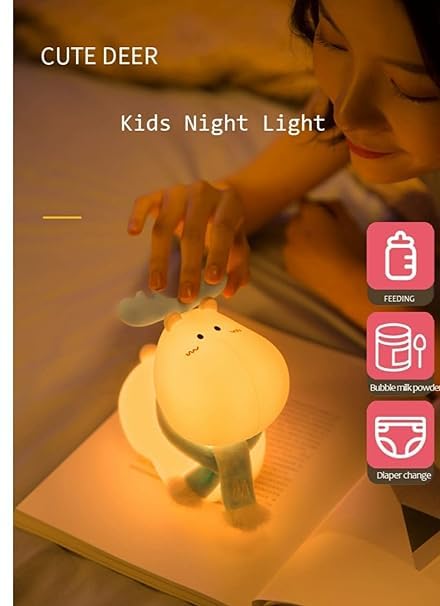 Sakuya Reindeer LED Night Lamp – Cute Silicone Bedside Light for Kids, Nursery & Bedroom Decor, Rechargeable Soft Light with Tap Control, Gift for Christmas & Birthday