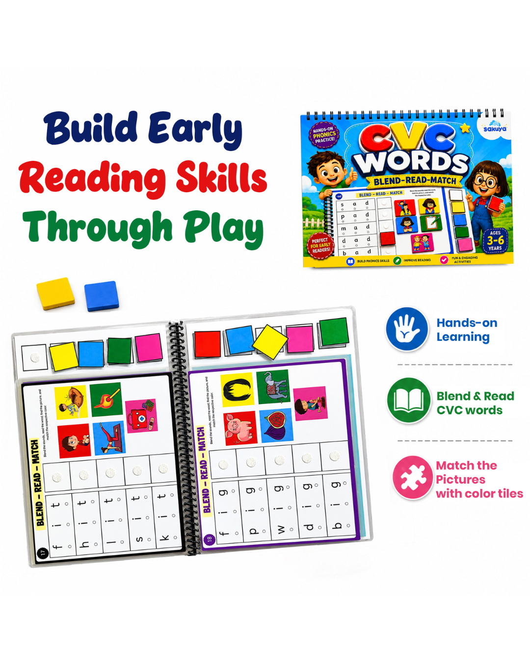 Sakuya CVC Words Phonics Book | Blend Read Match 3 Letter Words Book | 3-6Y