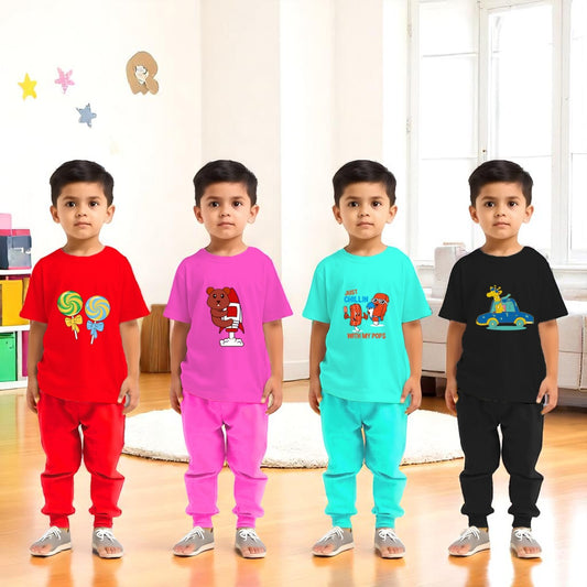 Sakuya Pack of 4 Cute Fun Cartoon Print Breathable Cotton Full Sleeve Tshirt & Pant Clothing Set for Nightwear coord Set for Unisex Kids Boys Girls- Black, Red, Pink, Blue (5-6 Years)
