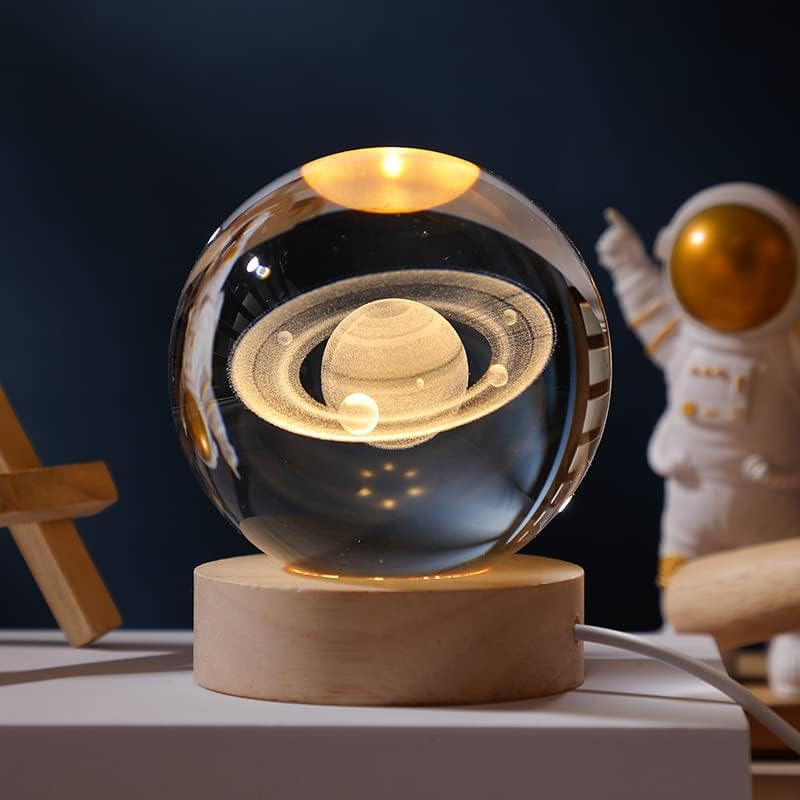3D Crystal Saturn Lamp with Wooden Base, Night Light Crystal Ball for Bedroom Decor, Cute Aesthetic Lamp, Perfect Gift Idea, Saturn Lamp Crystal Ball Night Light for Kids & Adults | size 6cms