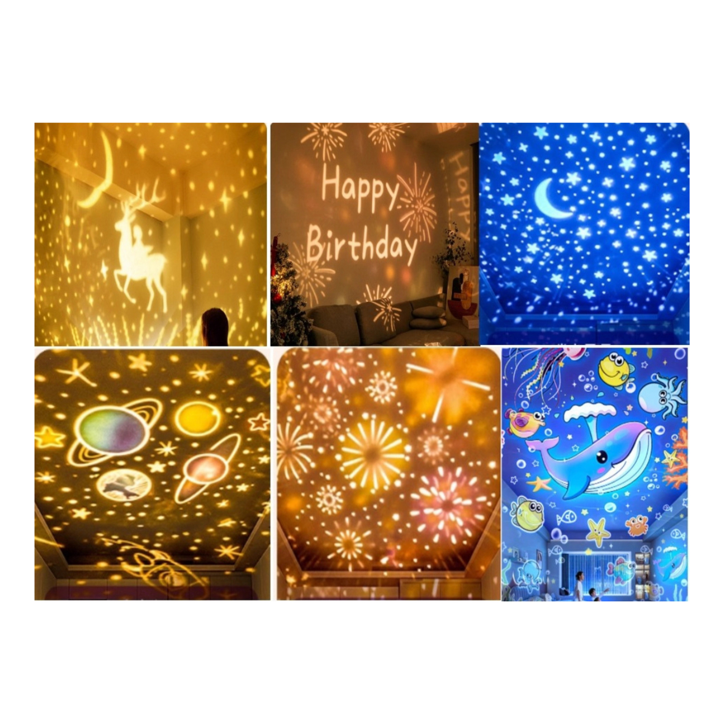 Rotating Projector Lamp with Music, 6 & 12 Theme Projections, 5 Soothing Sleep Melodies, Color-Changing Lights, Portable & Rechargeable Night Light for Kids & Adults