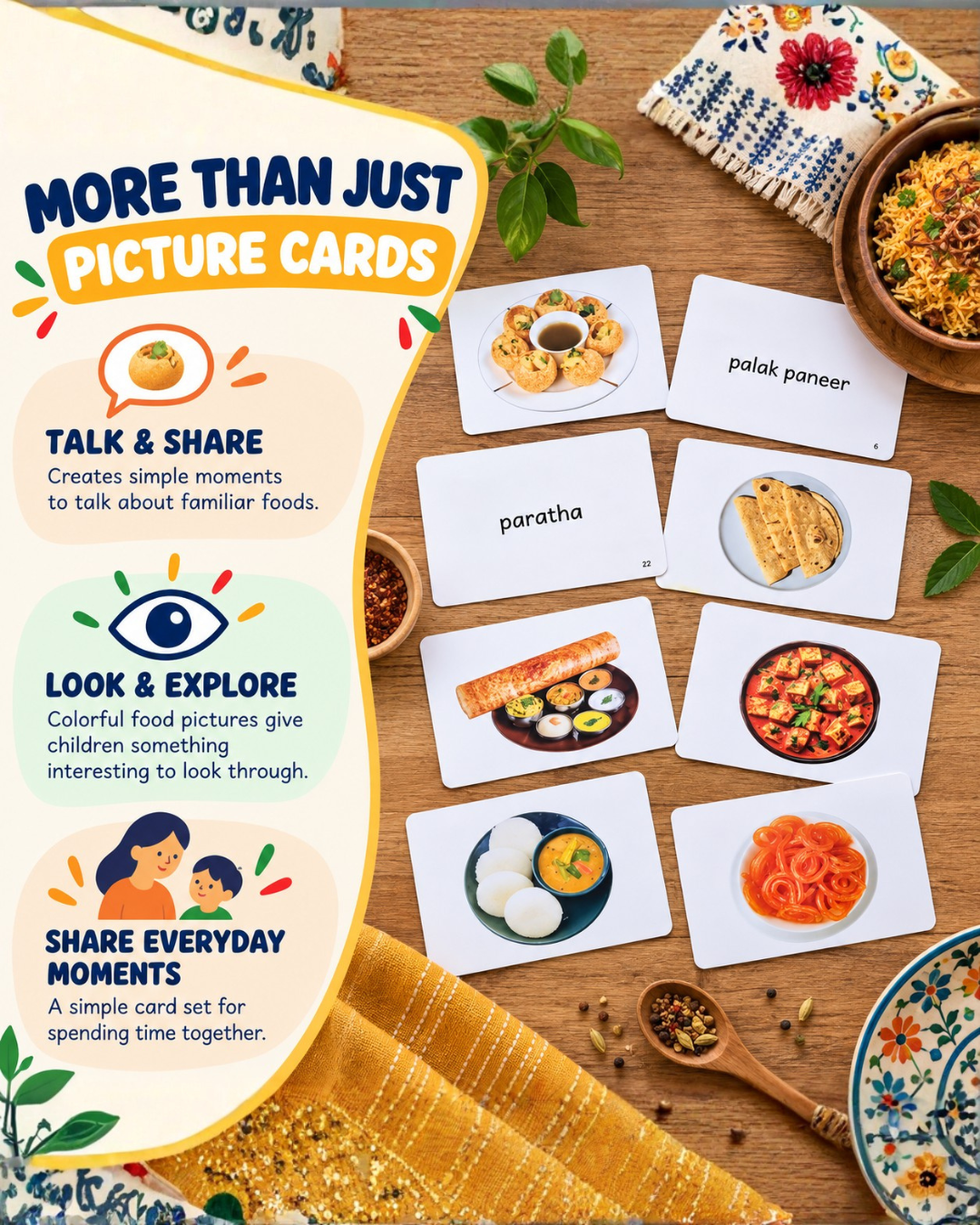 Sakuya Indian Food Flash Cards For Kids 3+ | Colourful Learning Card Set