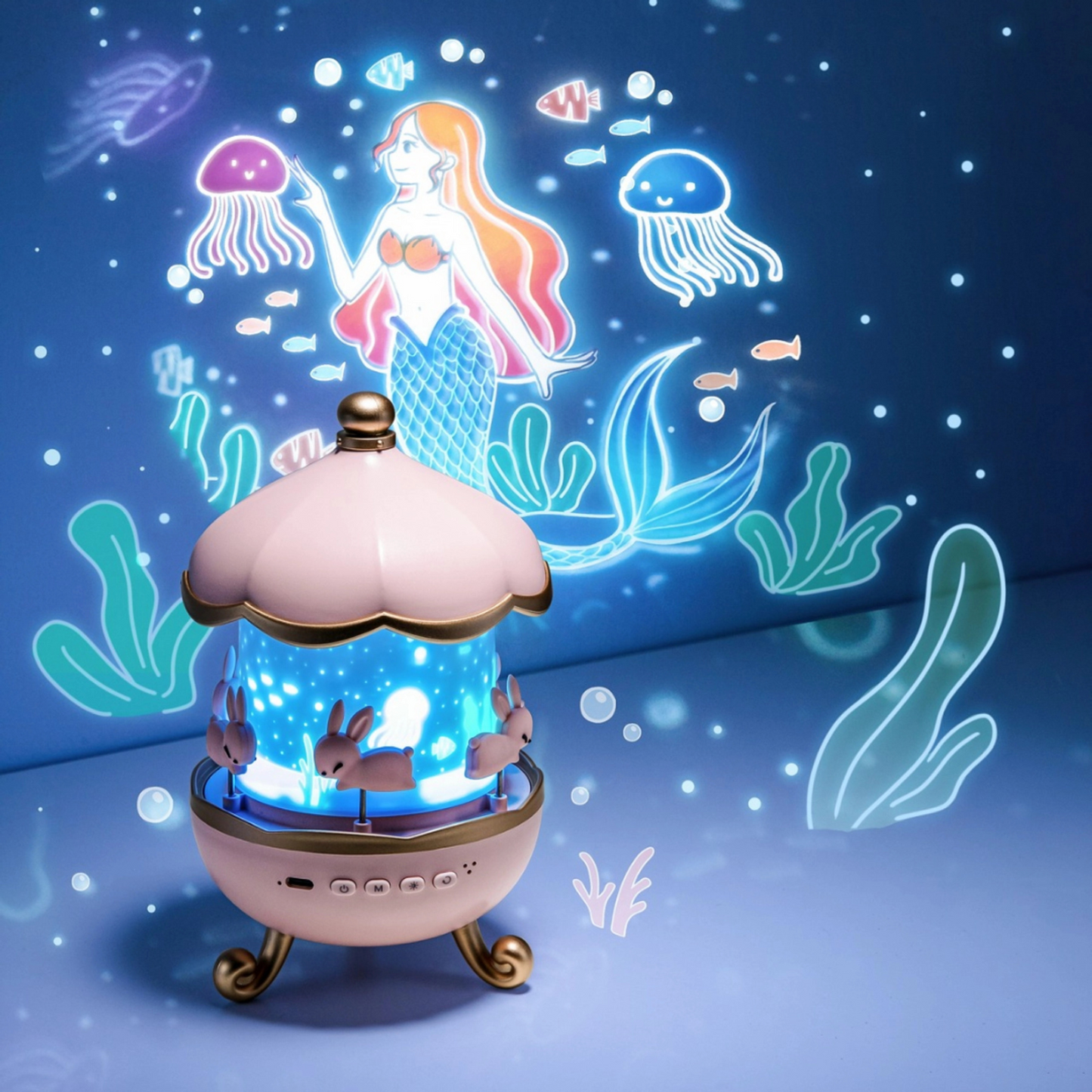 Rotating Projector Lamp with Music, 6 & 12 Theme Projections, 5 Soothing Sleep Melodies, Color-Changing Lights, Portable & Rechargeable Night Light for Kids & Adults
