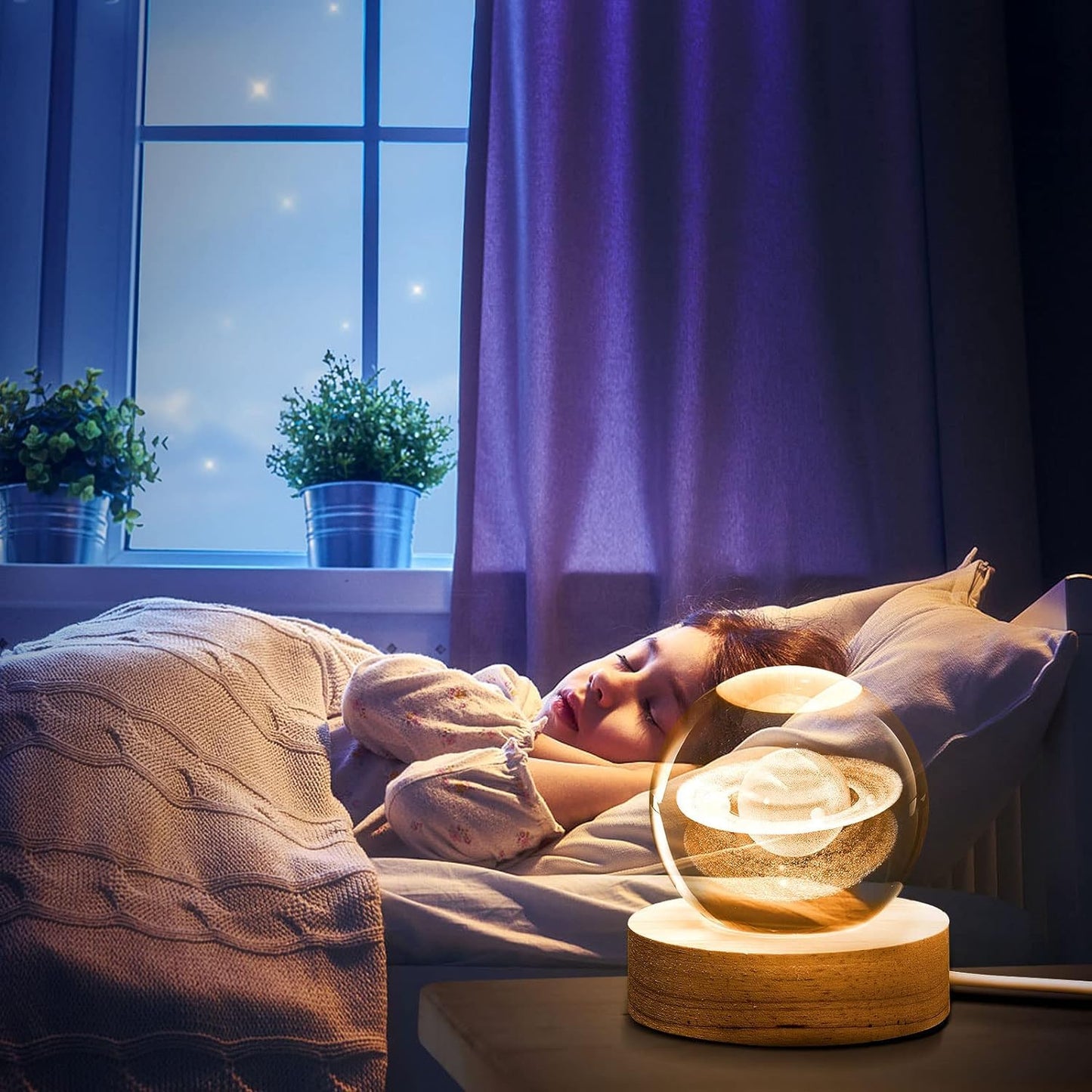 3D Crystal Saturn Lamp with Wooden Base, Night Light Crystal Ball for Bedroom Decor, Cute Aesthetic Lamp, Perfect Gift Idea, Saturn Lamp Crystal Ball Night Light for Kids & Adults | size 6cms