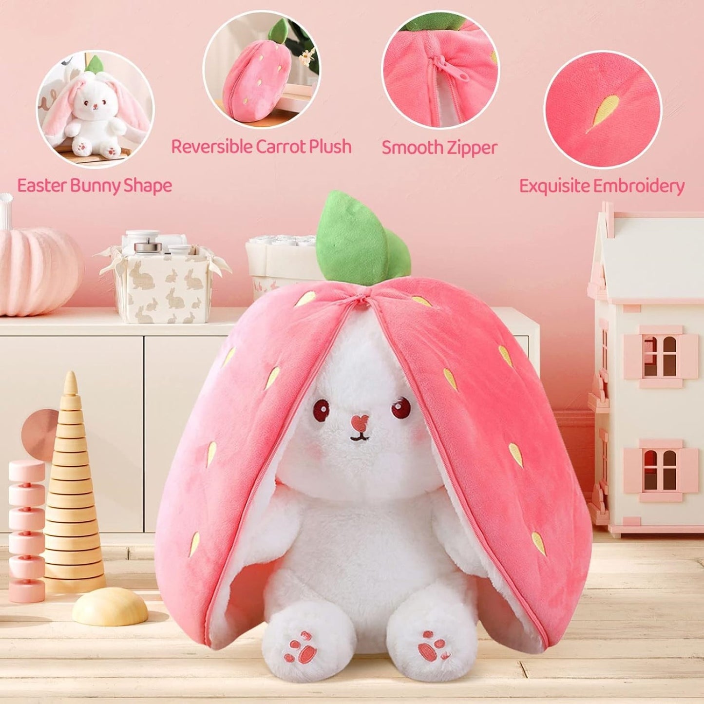 Reversible Strawberry - Carrot Bunny Soft Toy – Perfect Plush Toy for Girls, Cute Soft Toys for Baby Girl, Stuffed Rabbit Toy for Kids, Ideal Soft Toys for Newborn Baby and Gift for Girls