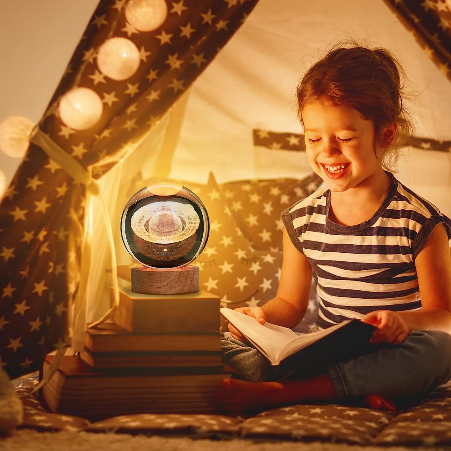 3D Crystal Saturn Lamp with Wooden Base, Night Light Crystal Ball for Bedroom Decor, Cute Aesthetic Lamp, Perfect Gift Idea, Saturn Lamp Crystal Ball Night Light for Kids & Adults | size 6cms