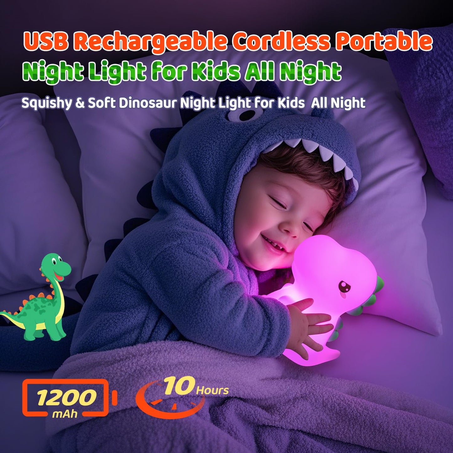 Sakuya Cute Mini Dinosaur Night Lamp for Kids Bedroom | Touch & Tap Control Color Changing Silicone LED Lamp with Rechargeable Battery | Soft Warm Light