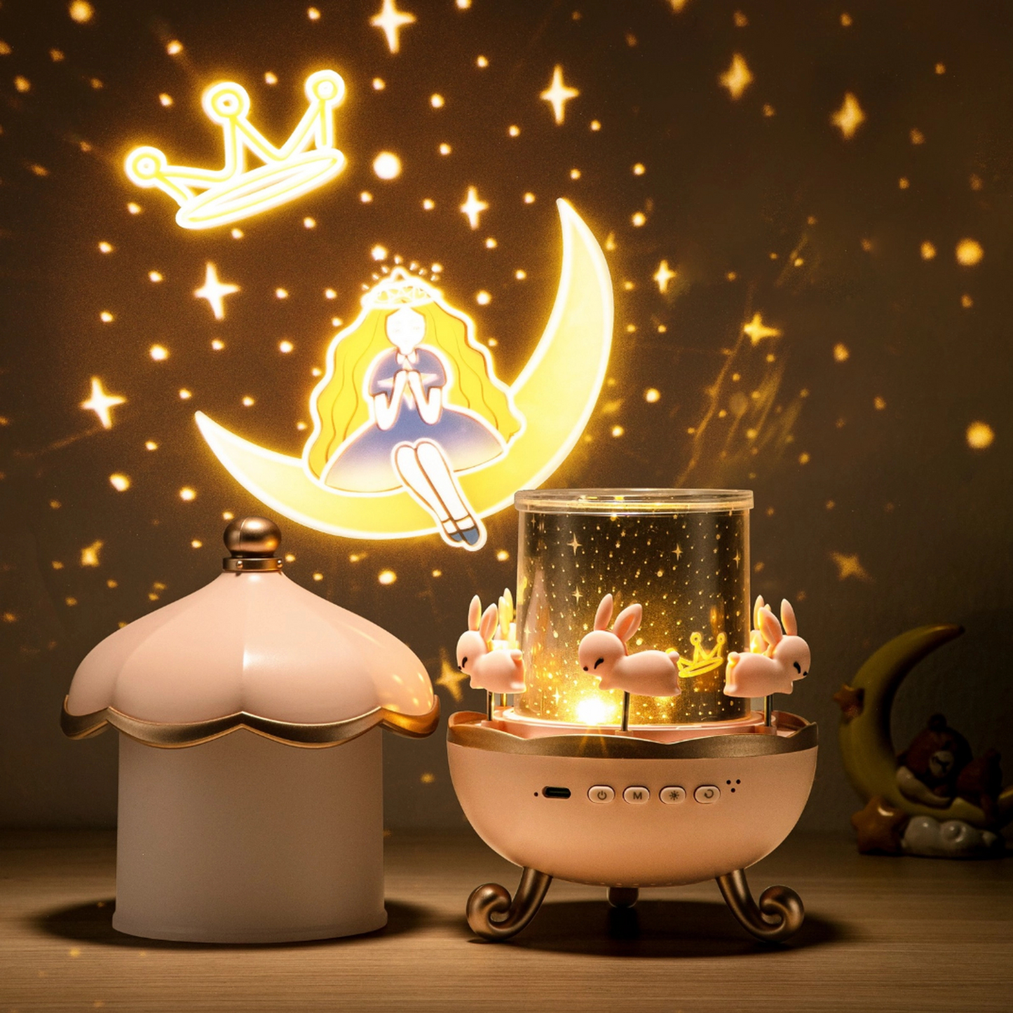Rotating Projector Lamp with Music, 6 & 12 Theme Projections, 5 Soothing Sleep Melodies, Color-Changing Lights, Portable & Rechargeable Night Light for Kids & Adults