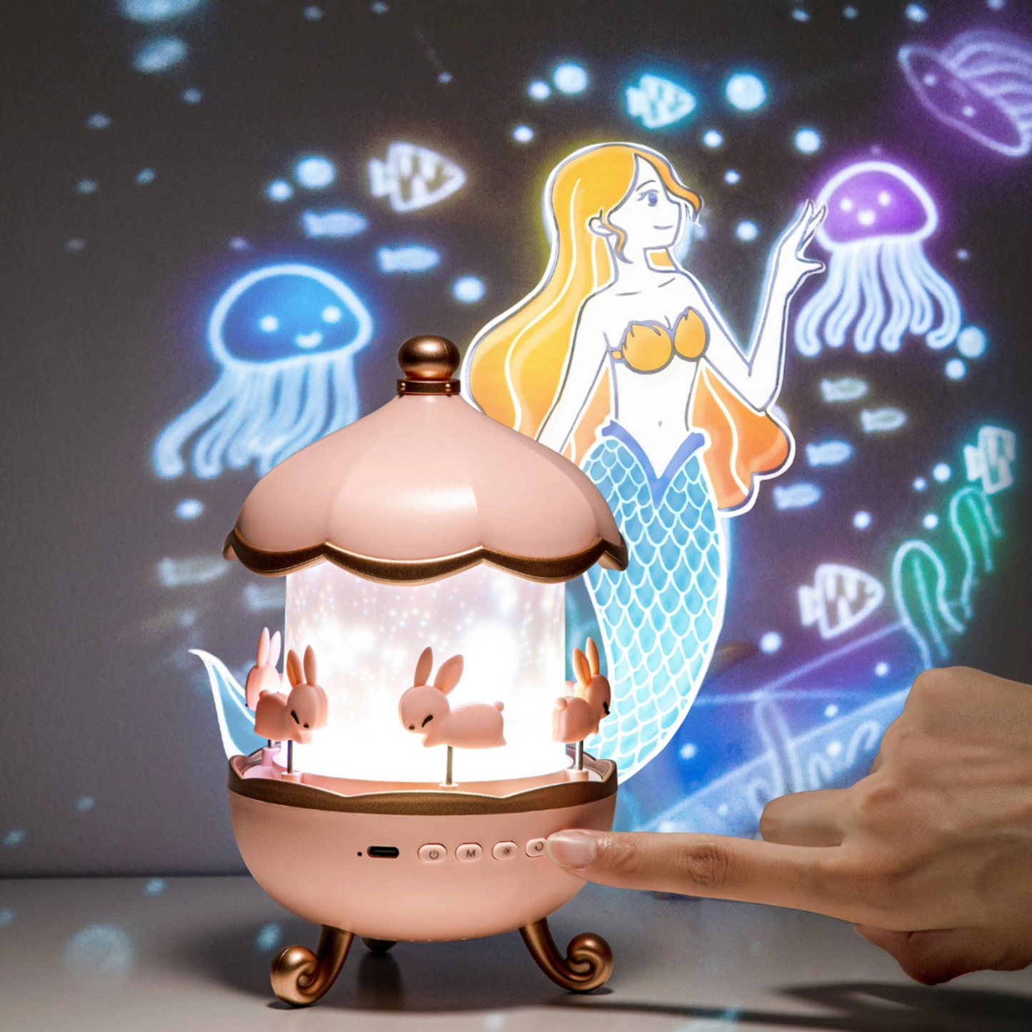 Rotating Projector Lamp with Music, 6 & 12 Theme Projections, 5 Soothing Sleep Melodies, Color-Changing Lights, Portable & Rechargeable Night Light for Kids & Adults