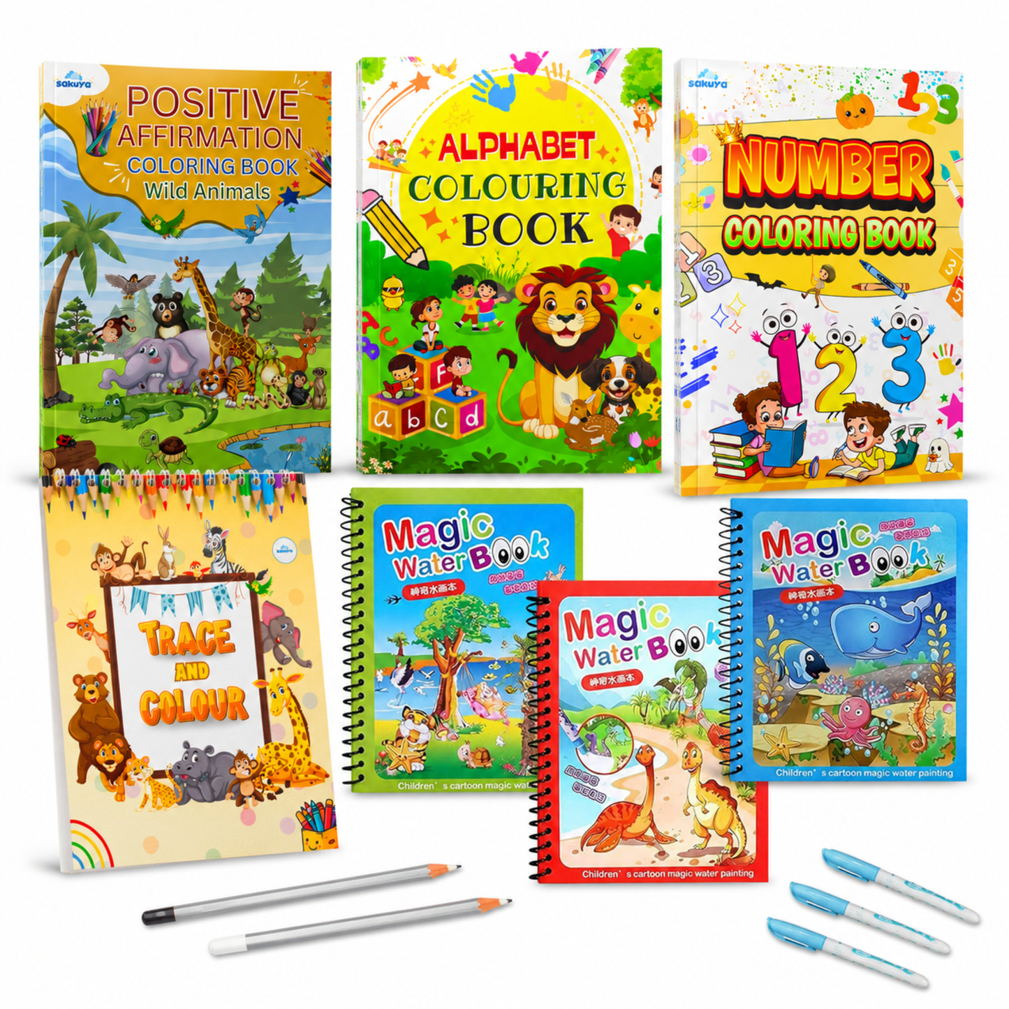 Sakuya 7-piece Ultimate Colouring Combo | Drawing Book for Kids 6-12, Activity Set with Magic Water Art Pad, Alphabet & Number Learning, Trace & Colour, Birthday Gift