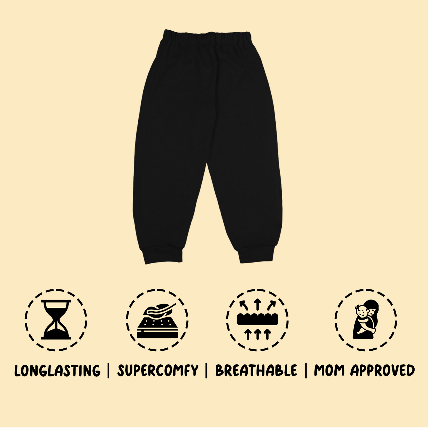 Sakuya Breathable Cotton Set of 1 Pant Set for Nightwear Sleepwear Casual Travel for Unisex Kids Boys Girls-Black