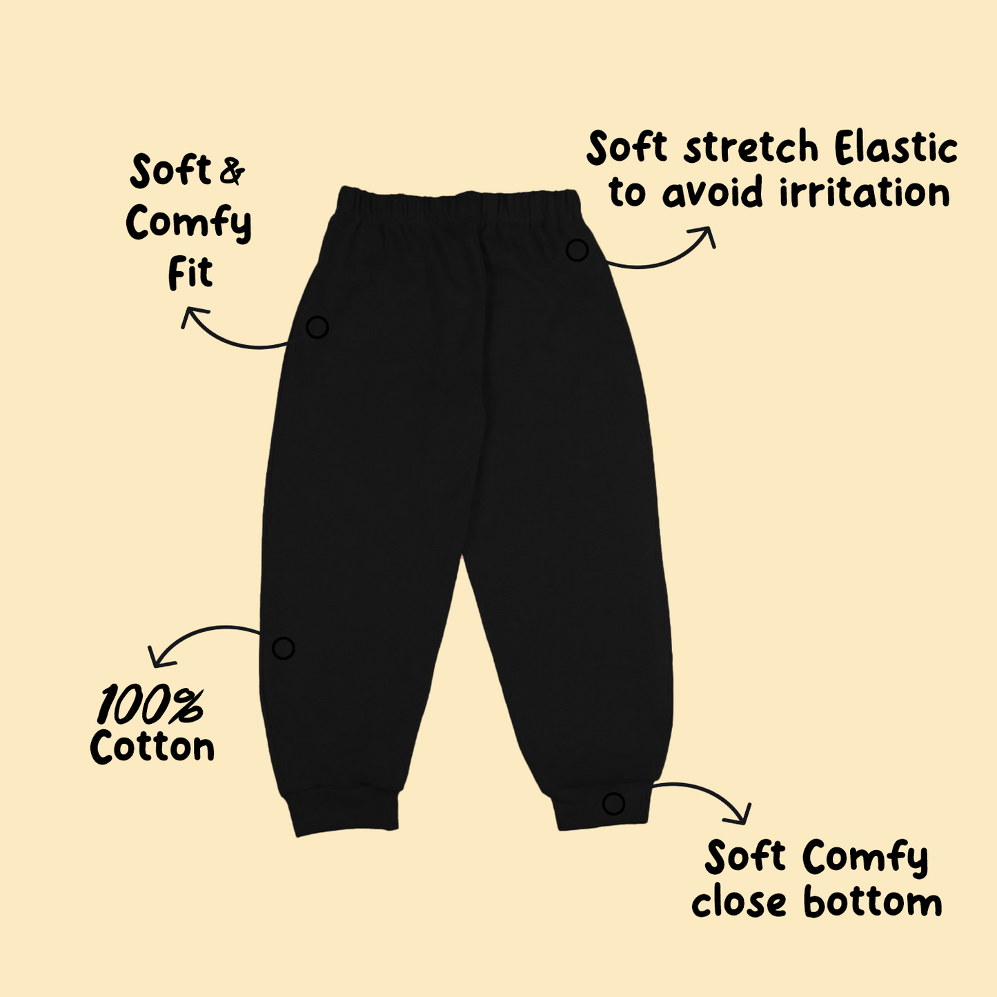 Sakuya Breathable Cotton Set of 1 Pant Set for Nightwear Sleepwear Casual Travel for Unisex Kids Boys Girls-Black