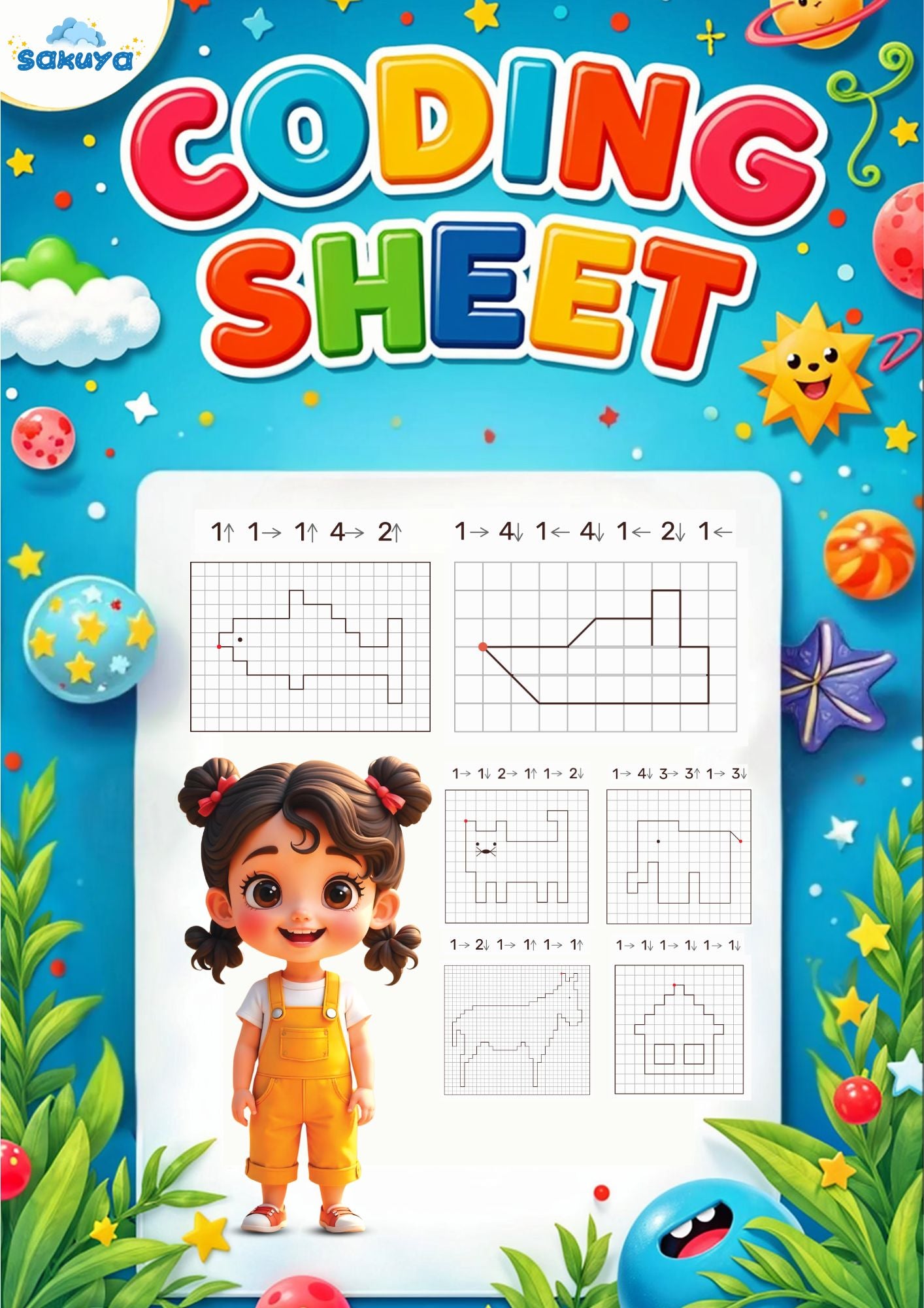 Sakuya Coding Sheet Printable for Kids | Preschool Coding | Logic Game | Unplugged Coding | Homeschool Activities | Algorithm Worksheets