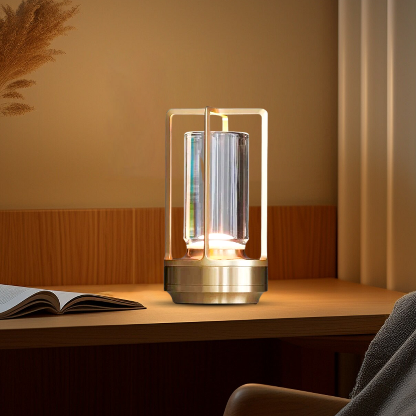 Premium Golden Touch Lamp with Crystal Glass Design, Three-Color Dimming, Rechargeable Portability, Durable Build, and Universal USB Charging Compatibility