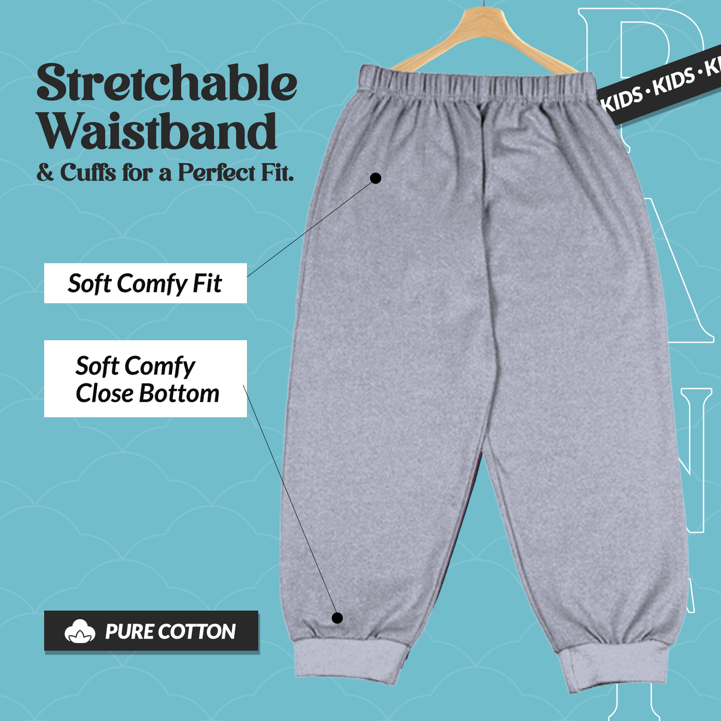 Sakuya Cotton Pants for Kids | Soft Pajama Bottoms with Elastic Waistband for Play, Sleep & Comfort (Pack of 3)