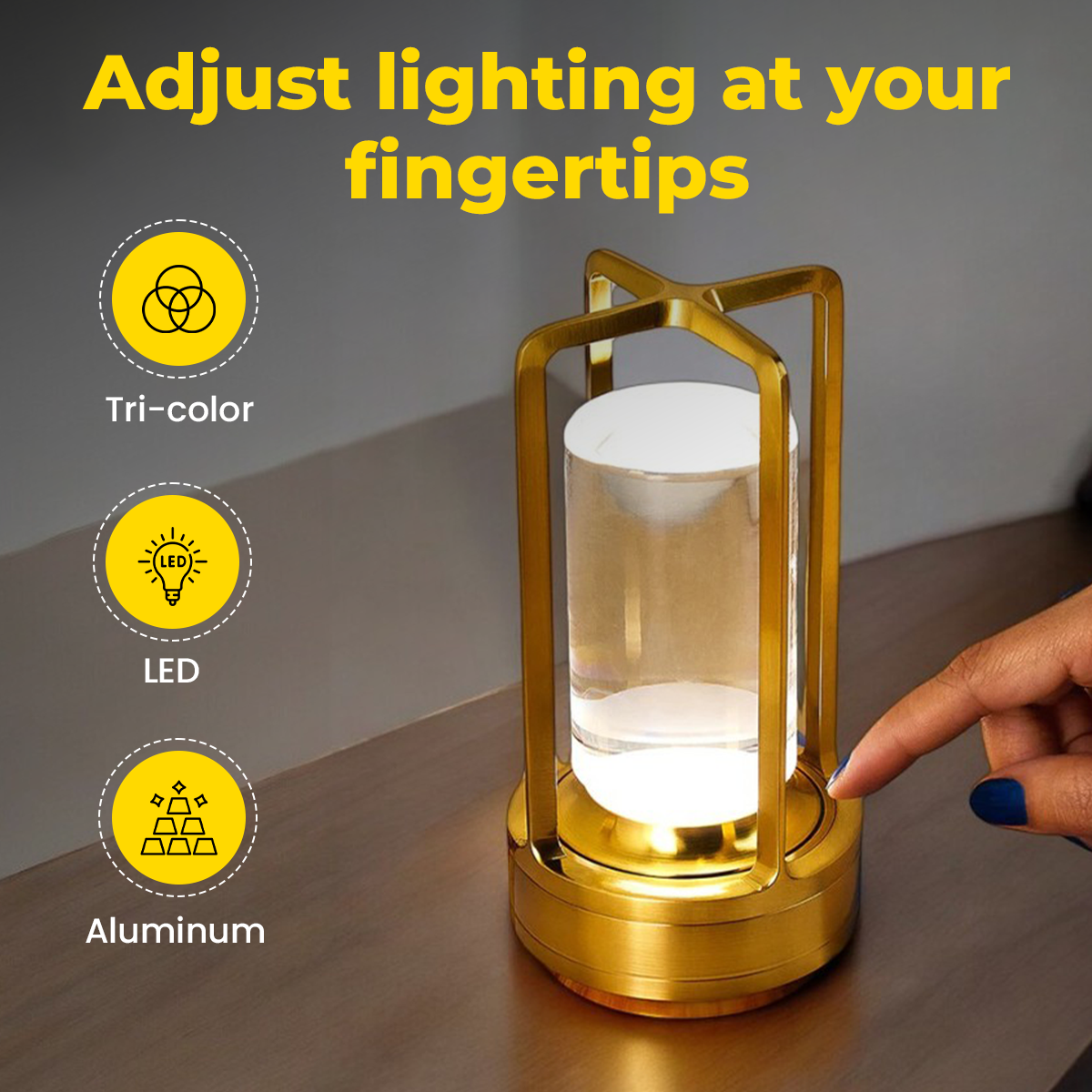 Premium Golden Touch Lamp with Crystal Glass Design, Three-Color Dimming, Rechargeable Portability, Durable Build, and Universal USB Charging Compatibility