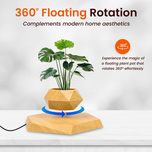 Sakuya Magnetic Levitating Plant Pot with Power Cord | Floating & Rotating Planter with Wooden Finish | Home & Office Decor | Unique Desk Ornament & Gift for Plant Lovers