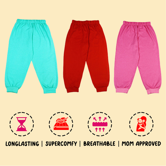 Sakuya Kids Track Pants for Boys & Girls - 100% Cotton Regular Fit Daily Use Lower Pants | Comfortable & Easy to Wear Trendy Nightwear | Stretchable Pants -RED,Pink,Blue Color- Pack of 3