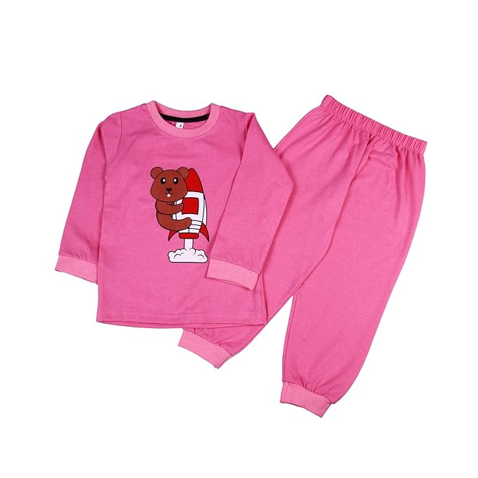 Sakuya Kids Clothing Set Night Suits Round Neck Full Sleeve T-Shirt & Pant Soft, Breathable 100% Cotton Sleepwear for Baby Boys & Girls - Pajamas Set | Unisex Kids Dress Sleepsuits Pack of 1, Pink