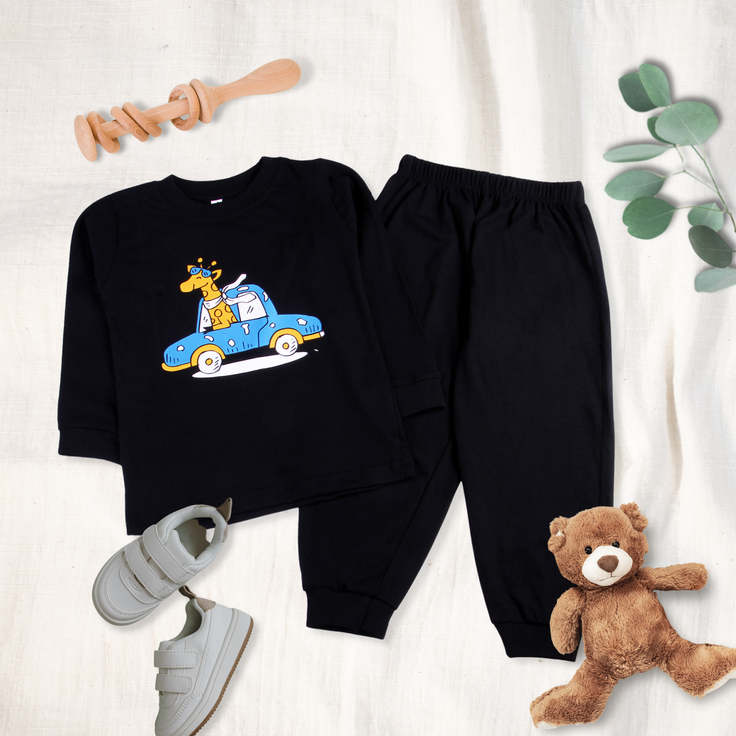 Sakuya Kids Cotton T -Shirt & Pant Set for Boys & Girls (Pack of 2)- Fun Cartoon Print Breathable Cotton Full Sleeve Unisex Kids Clothing Set - Nightwear coord Set-Black