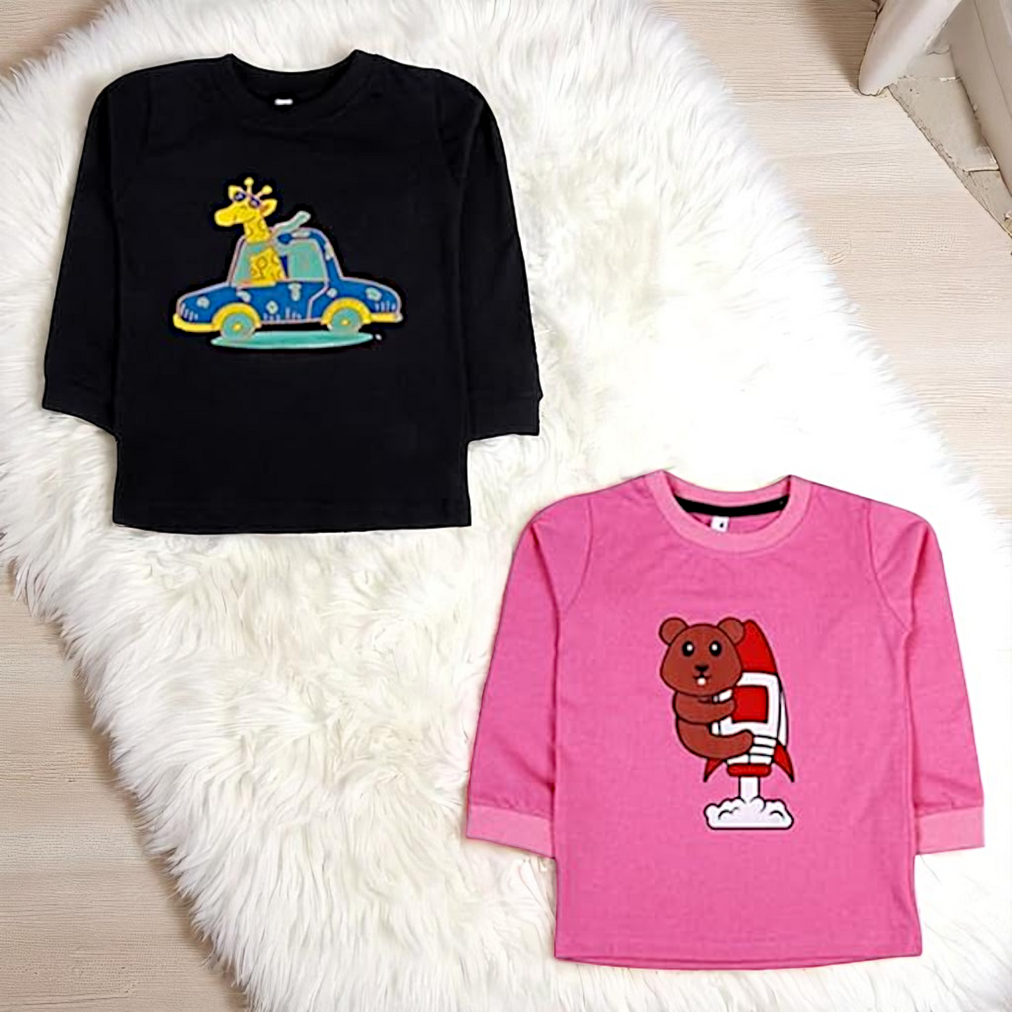 Sakuya Kids T-Shirt for Boys & Girls | Regular Fit Unisex Boy's Girl's Cotton Dress | Center Design Round Neck Tees | Full Sleeves Printed T-Shirts Pack of 2 | Black & Rose Combo.