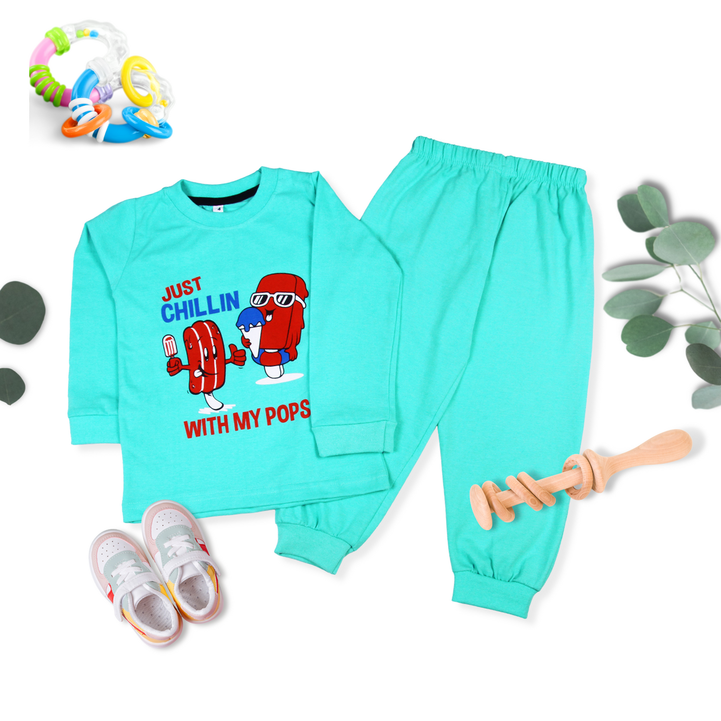 Sakuya Kids Cotton T -Shirt & Pant Set for Boys & Girls (Pack of 2)- Fun Cartoon Print Breathable Cotton Full Sleeve Unisex Kids Clothing Set - Nightwear coord Set-Blue