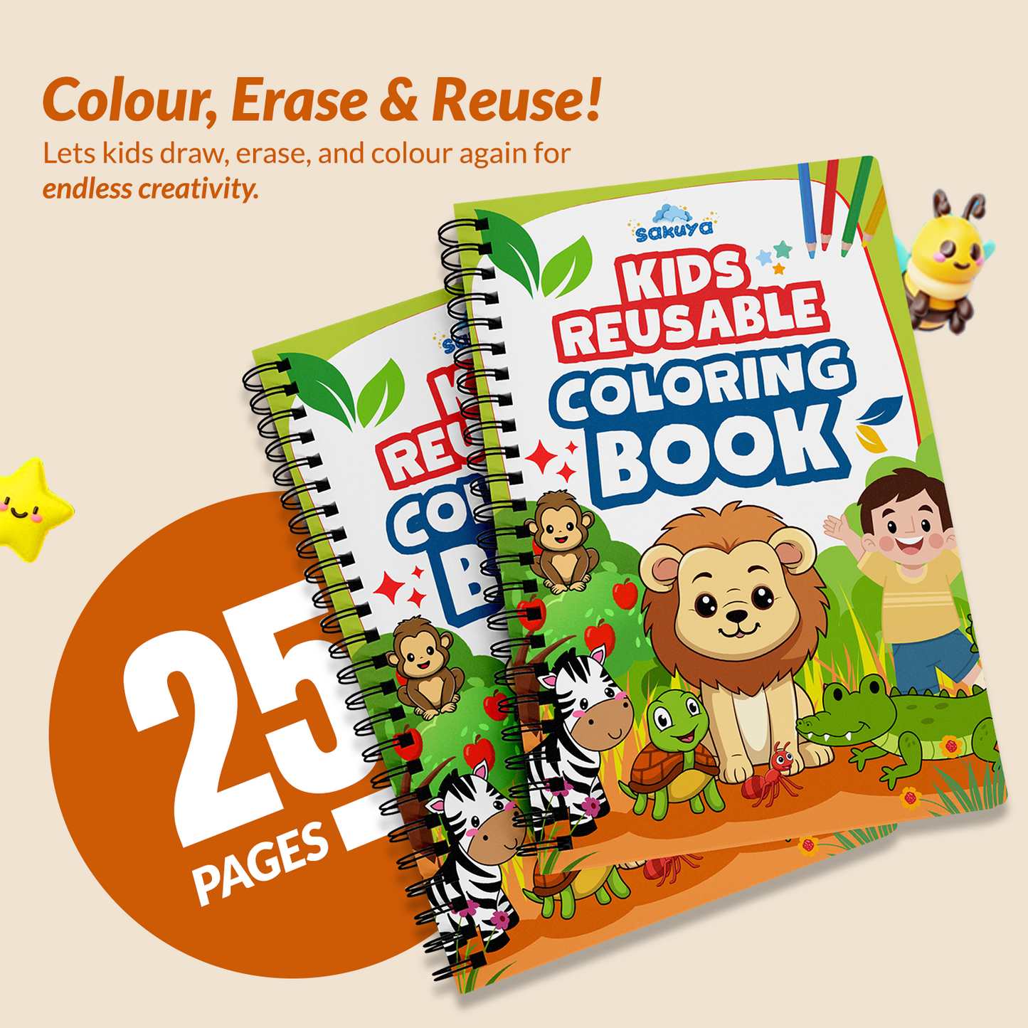 Sakuya Reusable Coloring Book for Kids with Erasable Pages, Thick Laminated Activity Book for Endless Creativity, Ideal for Learning, Travel & Fun, Enhances Fine Motor Skills & Imagination